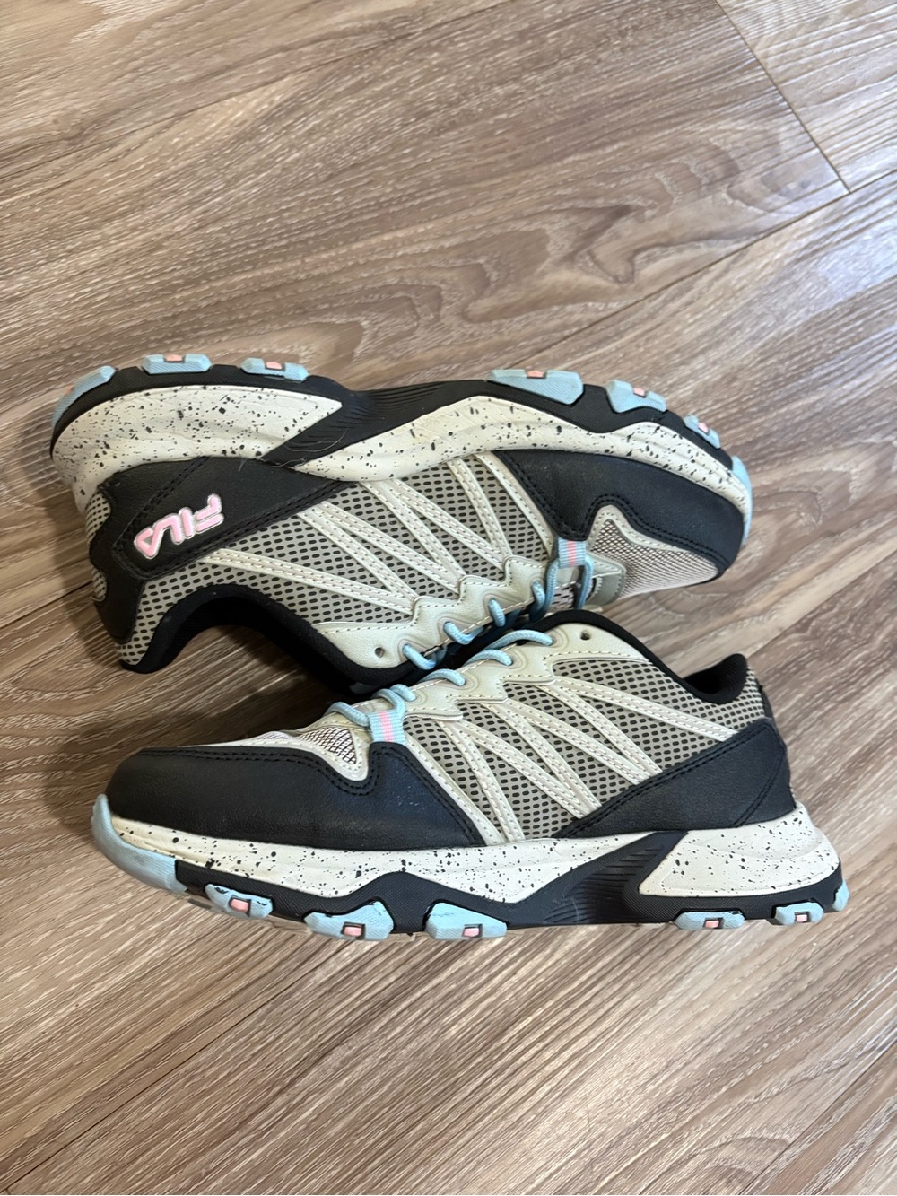 FILA Beige and Black Trail Sneakers with Pastel Blue & Pink Accents